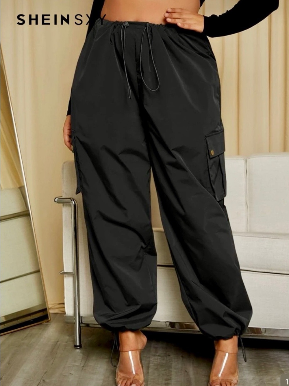 SHEIN Black Cargo Drawstring Jogger Pants